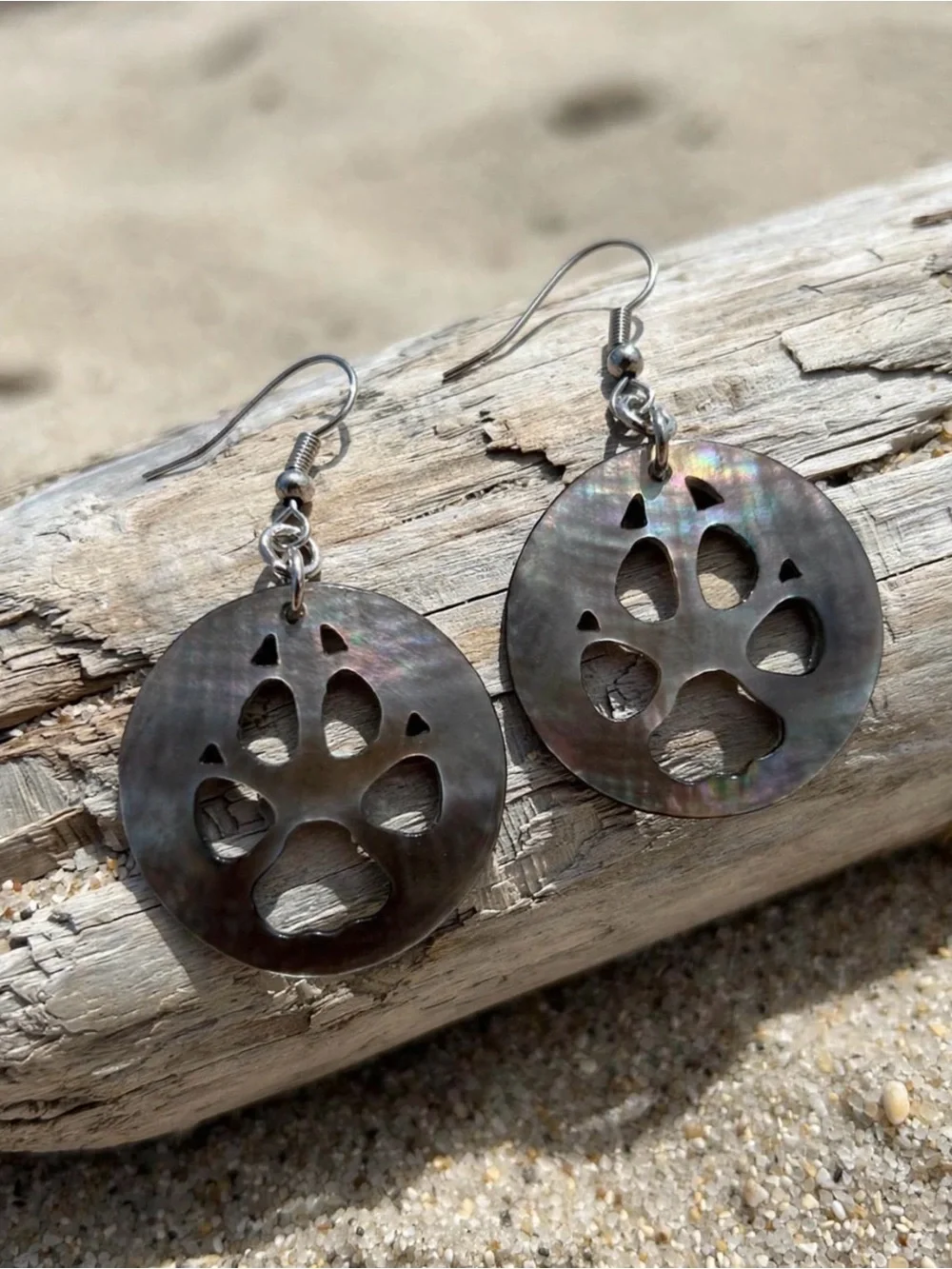 Hand carved Natural Black Lip Shell Wolf Paw Print Earrings